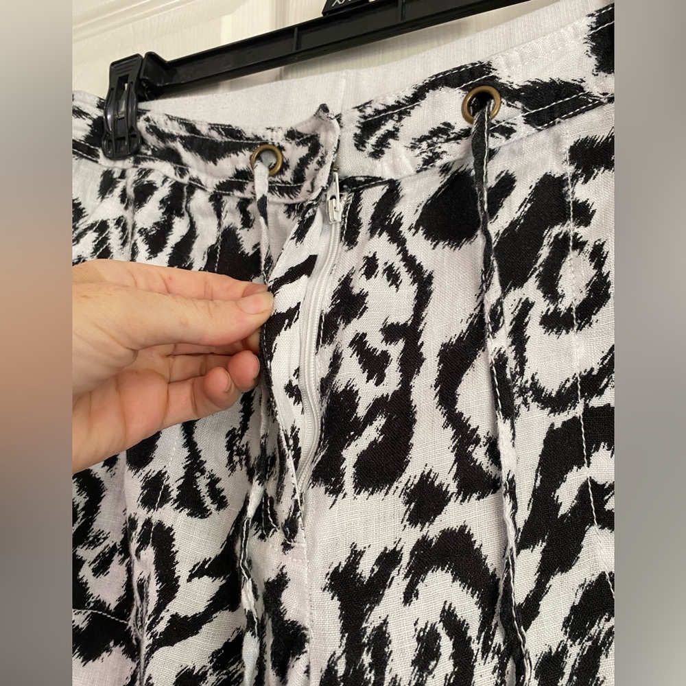 Madison 100% Linen Pants Size 12 Black and White Elastic Waist Drawstring Beach - Picture 4 of 13